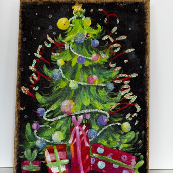 Collectible Rare Pier 1 Imports Christmas Tree Lighted Glitter Canvas Holiday - Picture 7 of 12